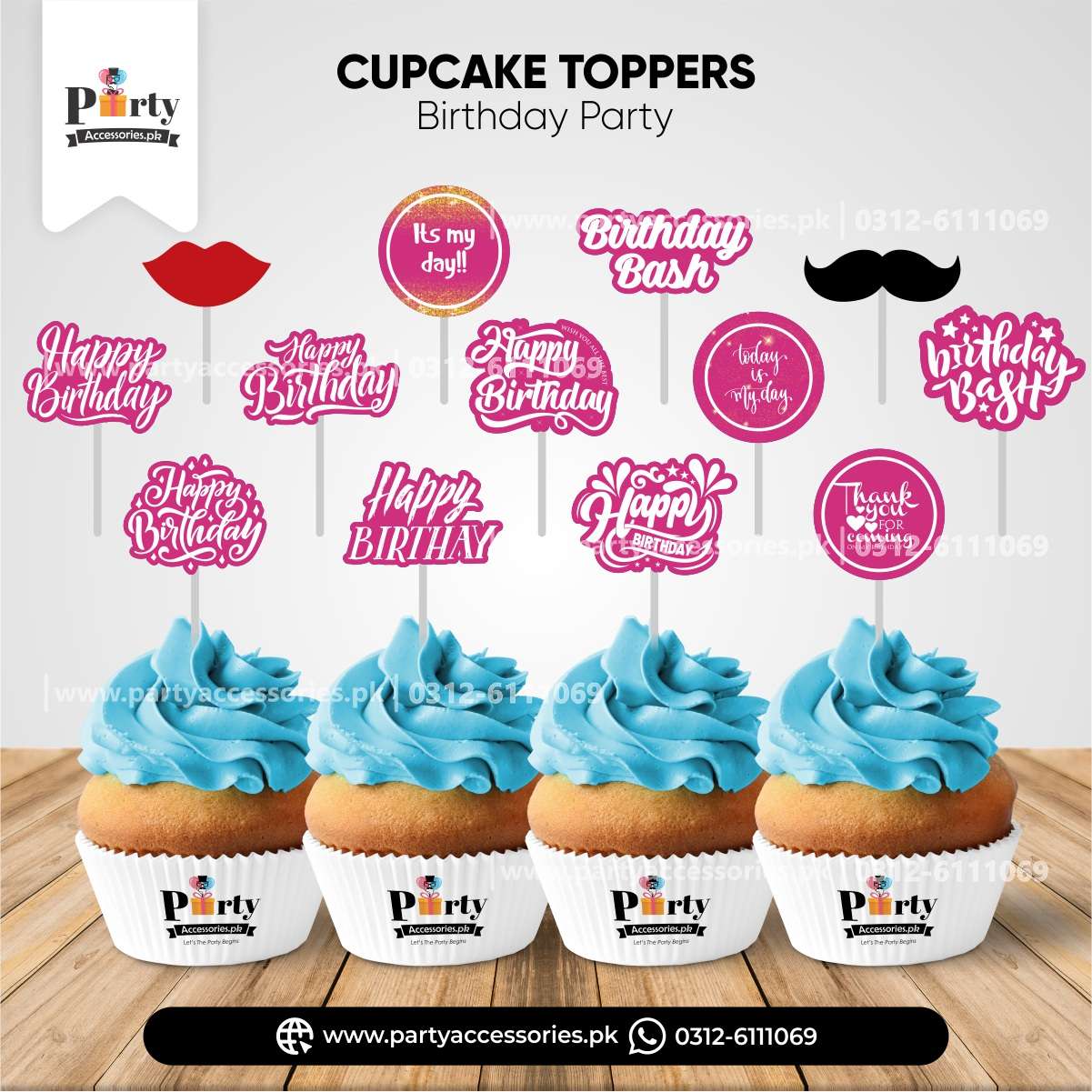 HAPPY BIRTHDAY PINK CUPCAKE TOPPERS 