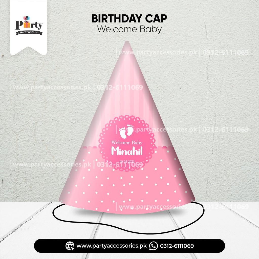 Welcome baby celebration ideas | Customized cone caps in pink for girl theme daraz ideas