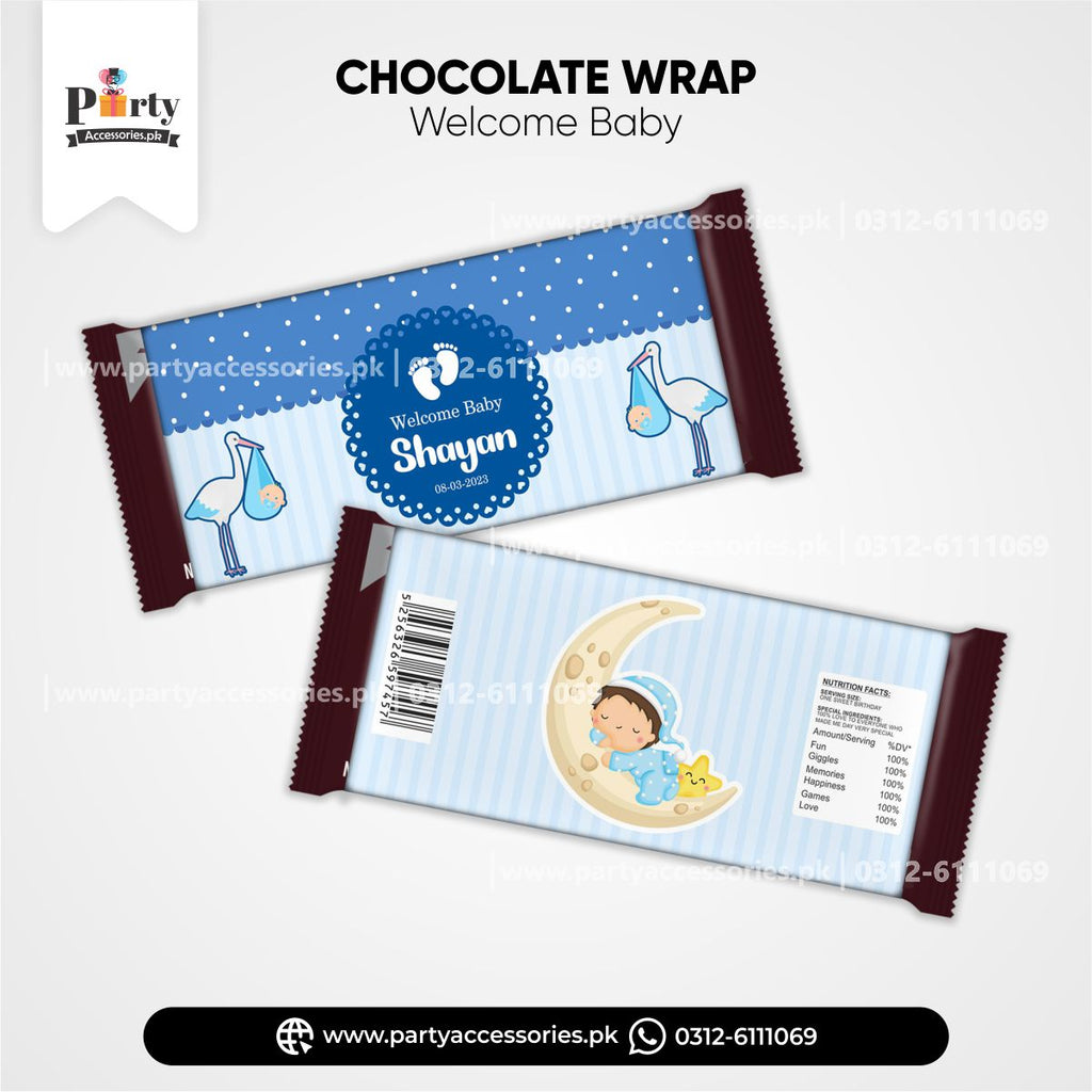 Welcome baby decoration ideas | Customized Chocolate wraps in blue pinterest ideas