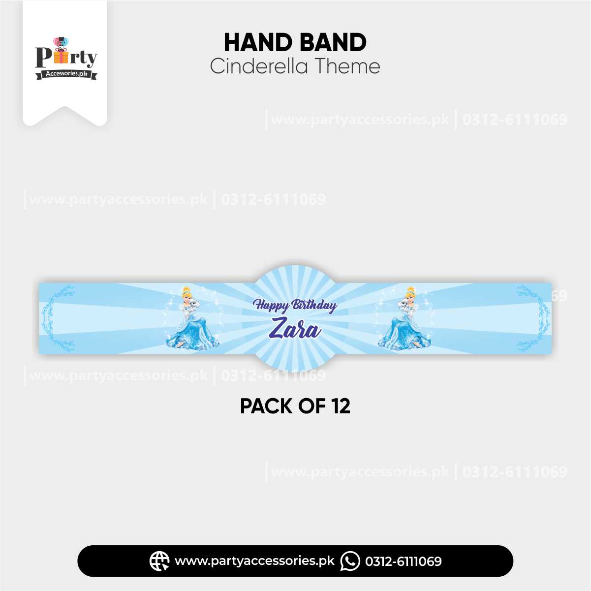 Birthday paty celebration Customized Hand / Wrist Band in Cinderella Theme 