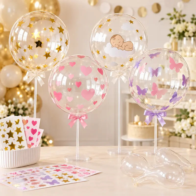 Transparent bubble balloons decorated with stars, hearts, butterflies and baby-themed stickers.