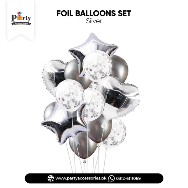 Confetti balloons set 14 pcs silver | star balloons latex balloons heart foil balloons