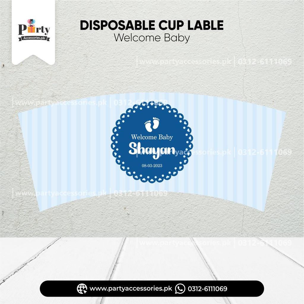 Welcome baby decoration ideas | Customized disposable Paper Cups in blue for boy