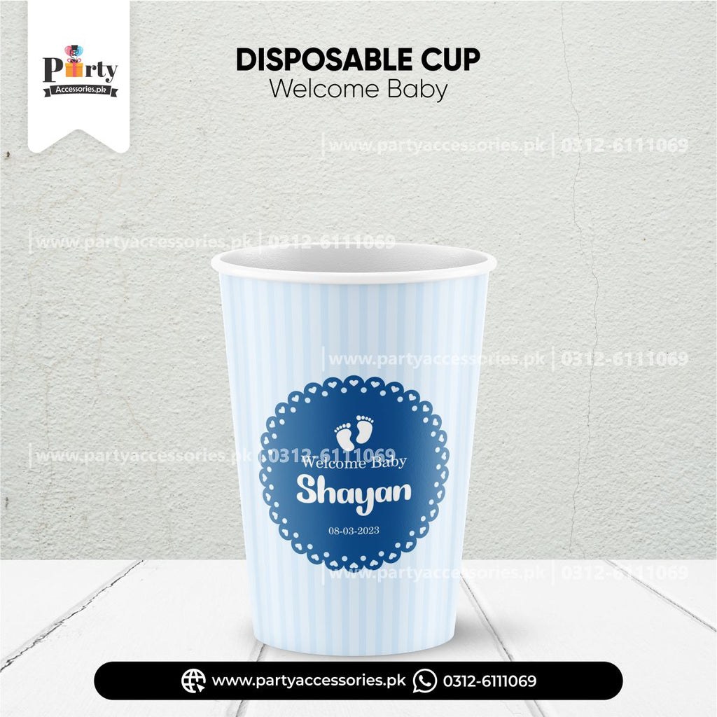 Welcome baby decoration ideas | Customized disposable Paper Cups in blue