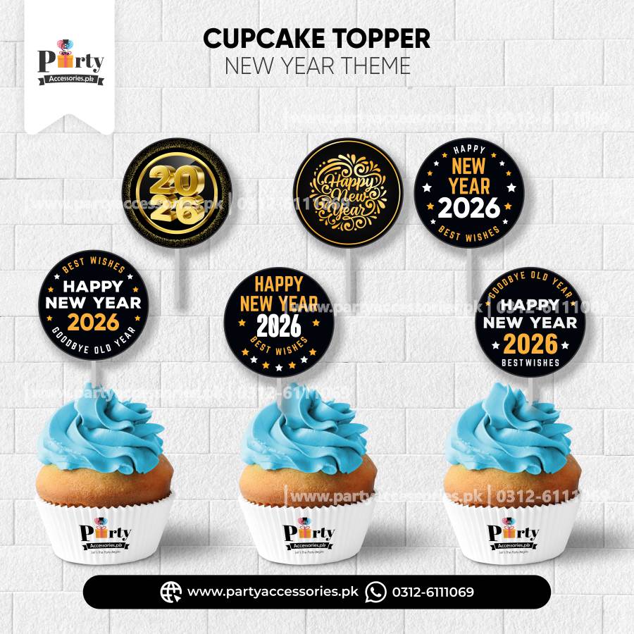 new year theme party customized cupcake toppers in black golden theme