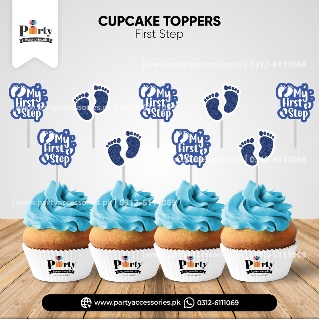 baby's first step cupcake toppers set in blue color for table decorations 