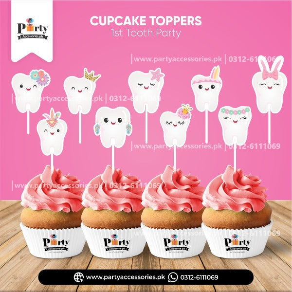 first tooth cupcake toppers in pink