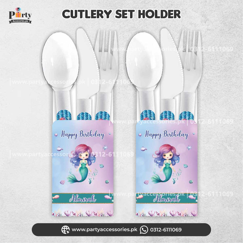 Mermaid Theme Disposable Cutlery with Customized Holders for Birthday Table Decoration