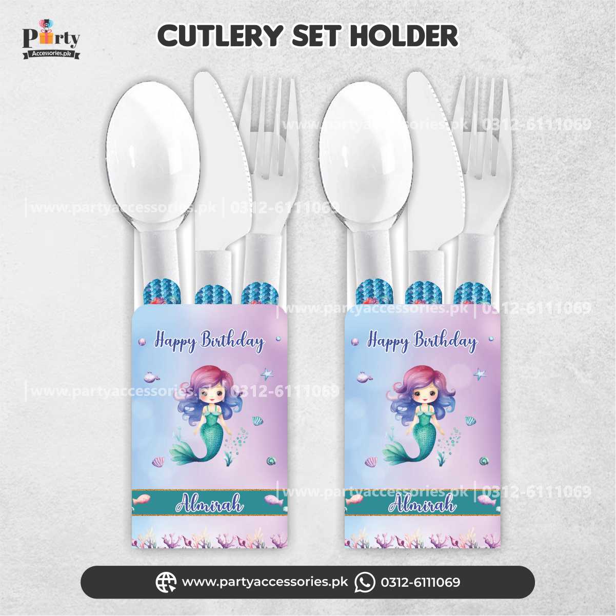 Mermaid Theme Disposable Cutlery with Customized Holders for Birthday Table Decoration