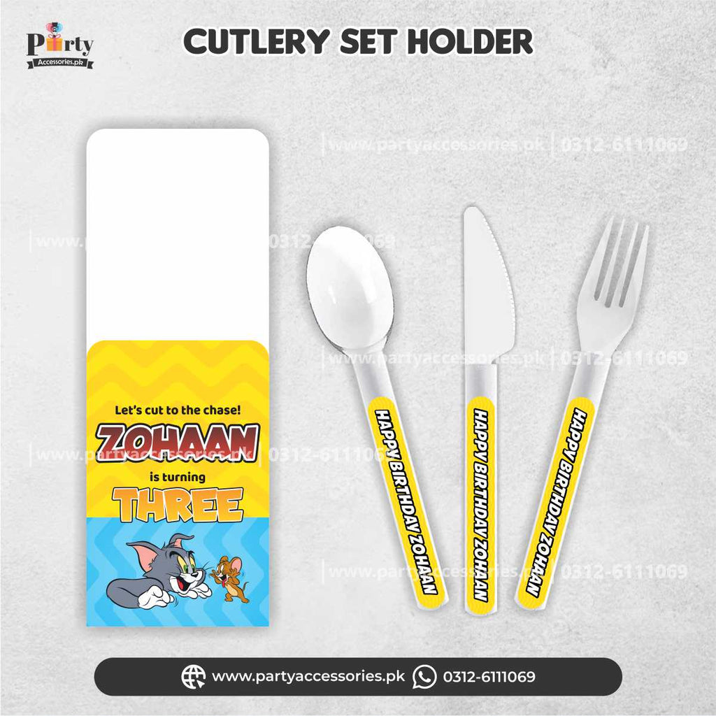 tom and jerrt theme customized cutlery set with holder 