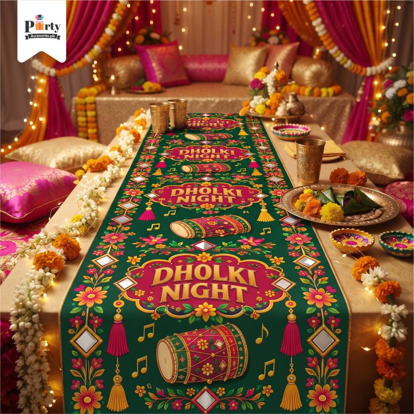 Dholki Night Theme Table Runner – Colorful Wedding Party Table Decoration