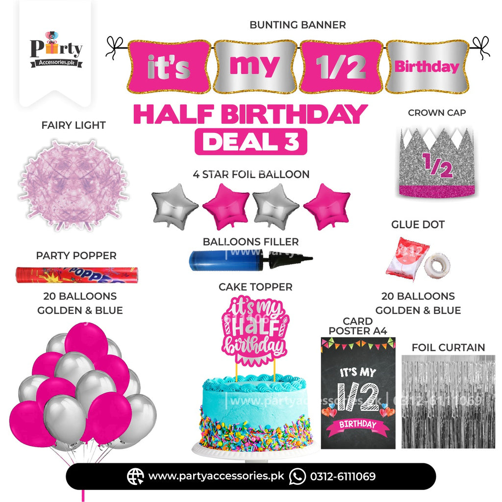 HALF BIRTHDAY GIRL THEME DEAL SET FOR DECORATIONS IN PINK AND SILVER THEME COLOR