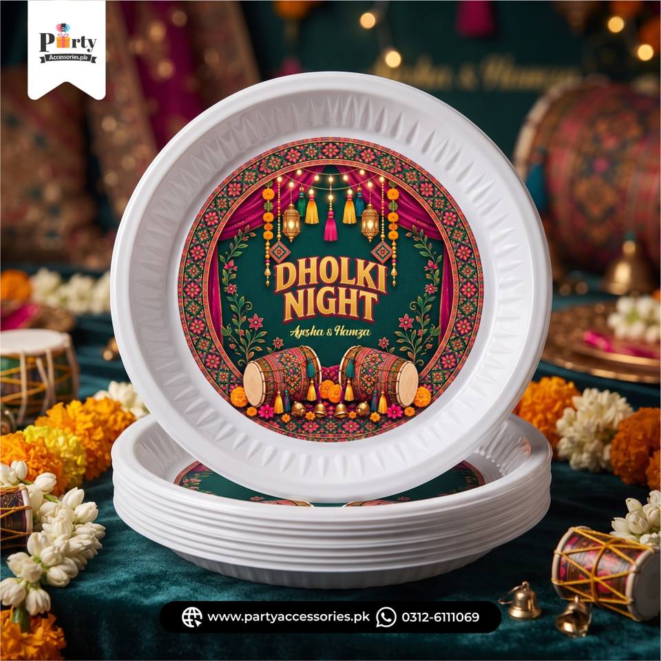 Customized Dholki Theme Disposable Plates with Sticker Labels
