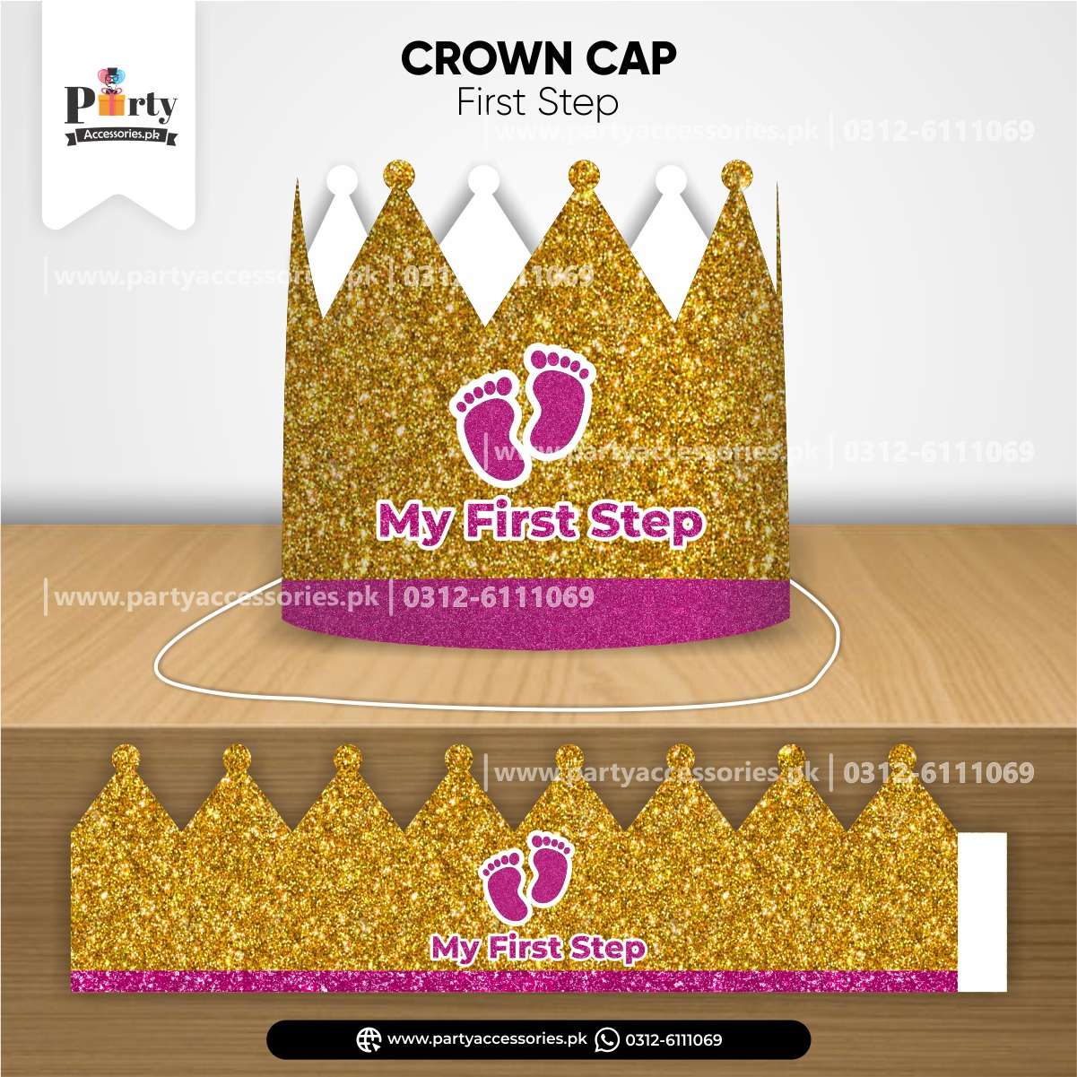 baby's first step card crown cap in pink color 