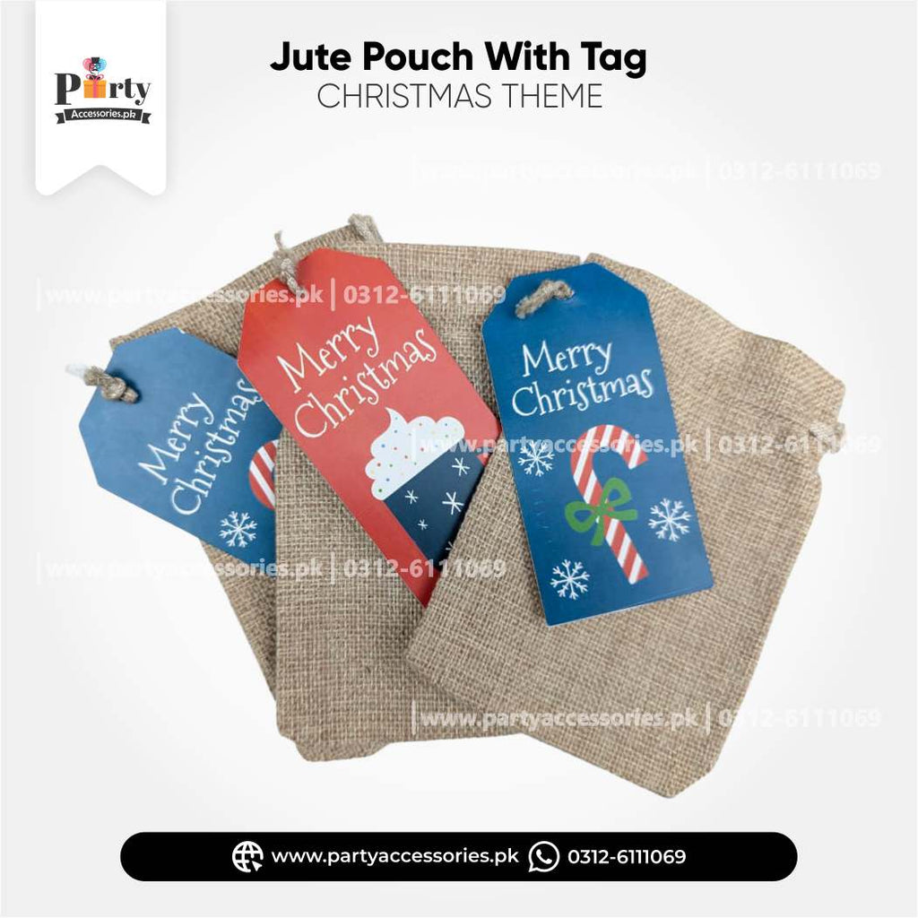 Christmas Theme Jute Gift Pouch With Festive Tag 