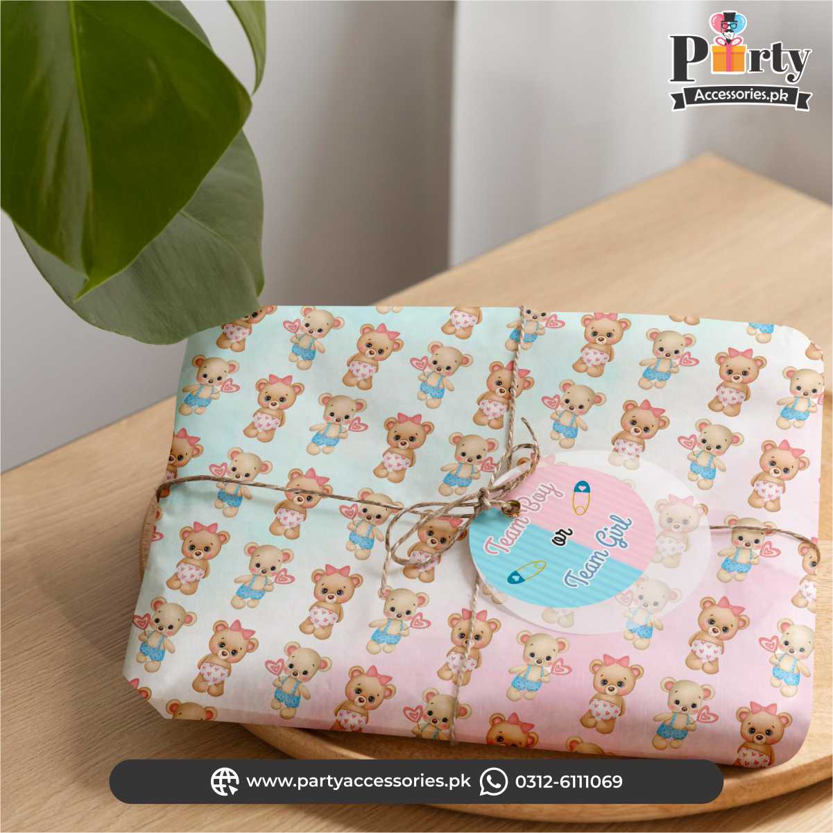 Gender Reveal theme Party Gift Wrapping Sheets with a tag