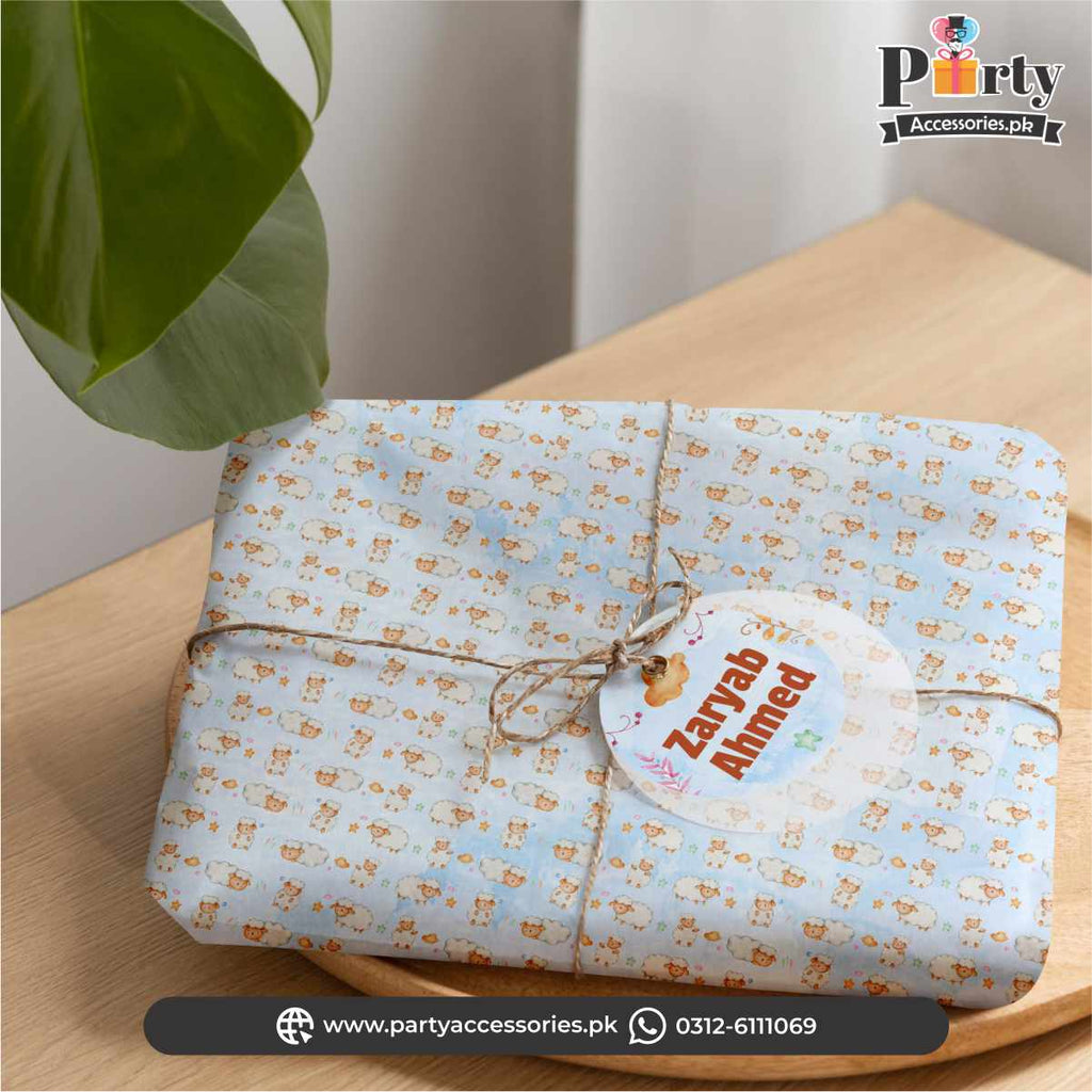 Aqeeqa celebration ideas | Gift Wrapping Sheets with a tag for boy Aqiqah