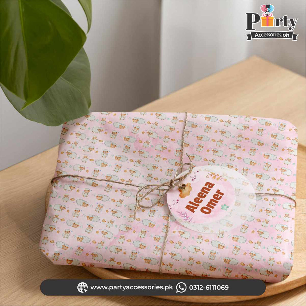 Aqeeqa celebration ideas  | Gift Wrapping Sheets with a tag for girl Aqiqah