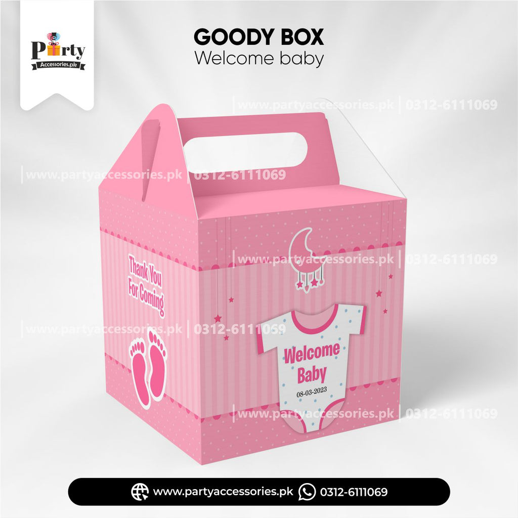 welcome baby celebration ideas | Customized giveaway Favor / Goody Boxes in pink for girl amazon ideas 