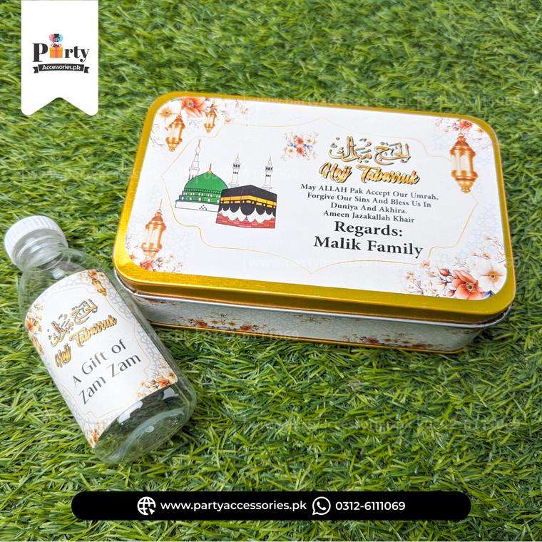 Hajj mubarak distribution tin boxes