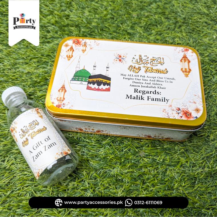 Hajj mubarak distribution tin boxes