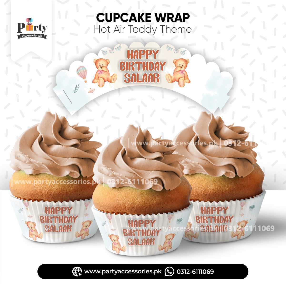 Hot Air Teddy theme customized cupcake wraps for birthday party decoration