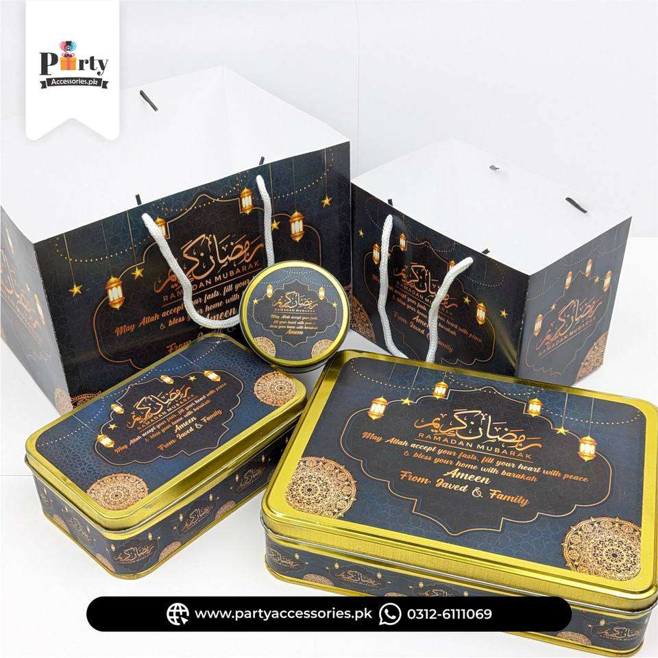 Ramadan Khajoor Tin Boxes with Carry Bags – Customized Sweet Gift Set 