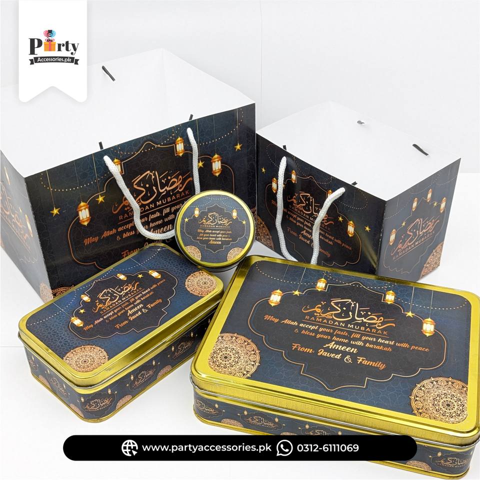 Ramadan Khajoor Tin Boxes with Carry Bags – Customized Sweet Gift Set 