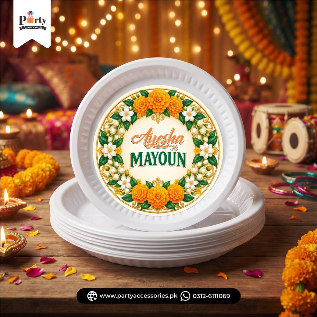 Mayoun Theme Disposable Plates with Sticker Labels – Wedding Party Decoration 