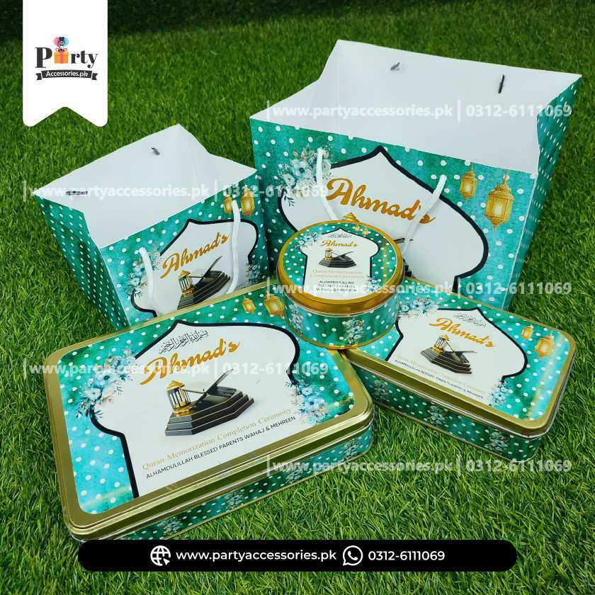Ameen Mubarak Personalized Sweet Boxes | Customized Tin Boxes with Carry Bags | Pack of 6
