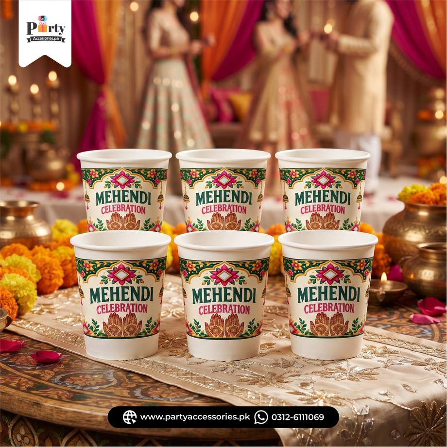 Mehendi Decoration Disposable Cups with Mehendi Design Stickers (Pack of 6)