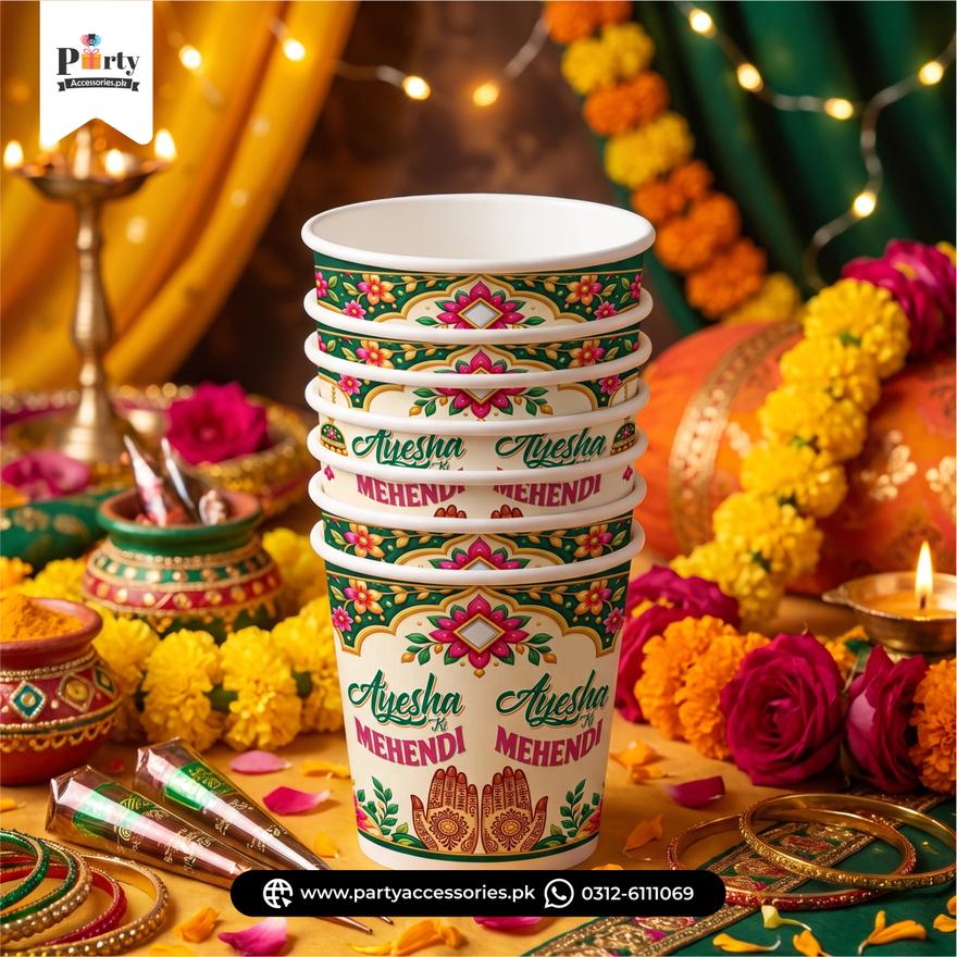 Mehendi Decoration Disposable Cups with Mehendi Design Stickers (Pack of 6)