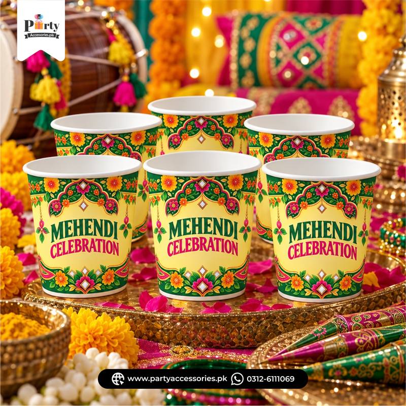Mehendi Decoration Disposable Cups with Mehendi Design Stickers (Pack of 6)