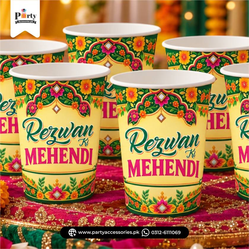 Mehendi Decoration Disposable Cups with Mehendi Design Stickers (Pack of 6)