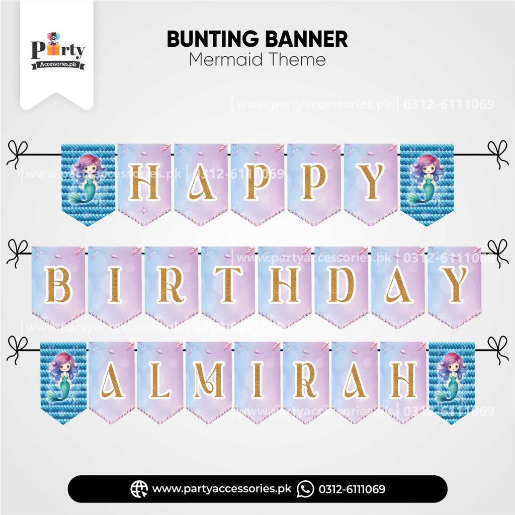 Mermaid Theme Customized Name Birthday Bunting Banner for Wall Decoration