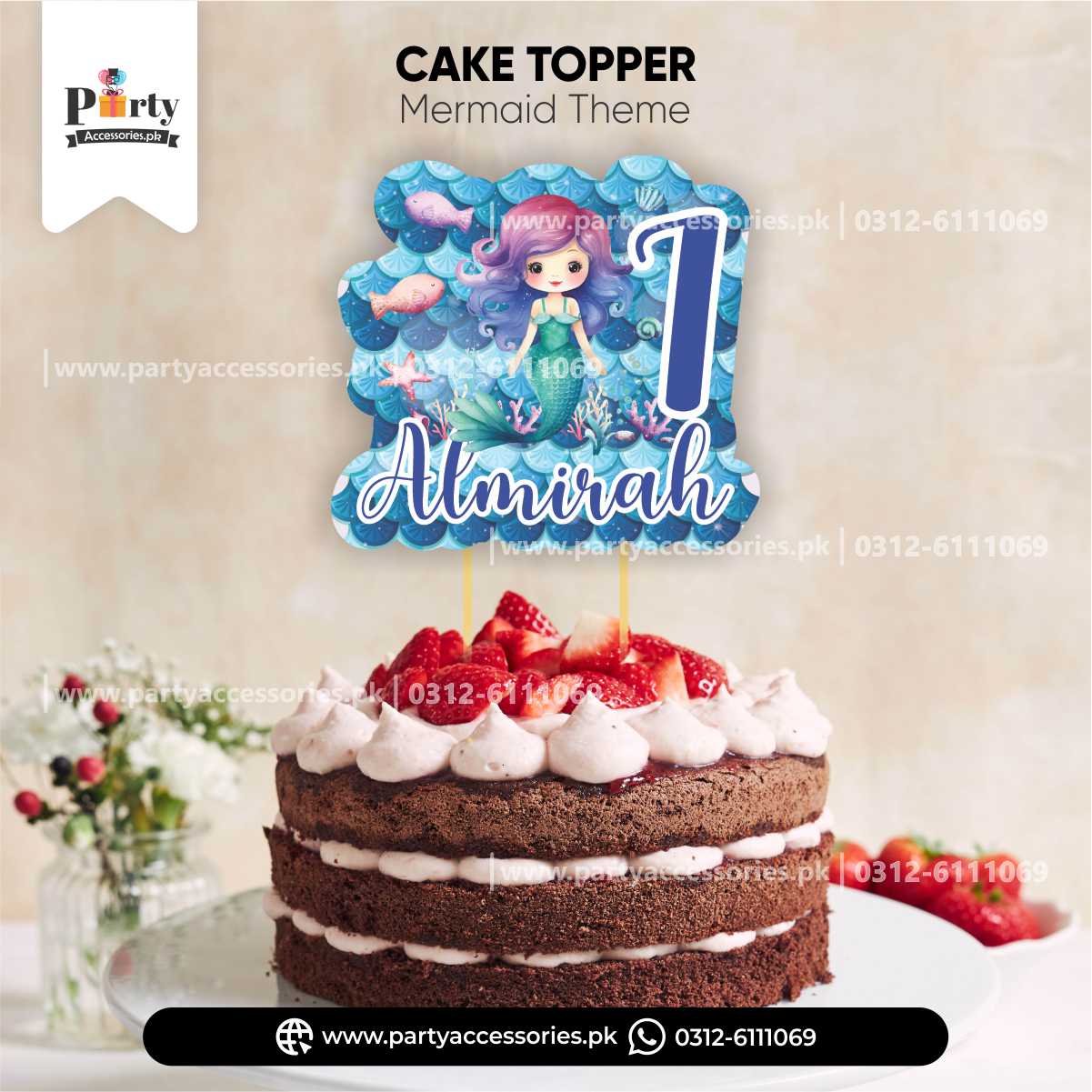 Mermaid Theme Customized Card Cake Topper for Birthday Cake Decoration