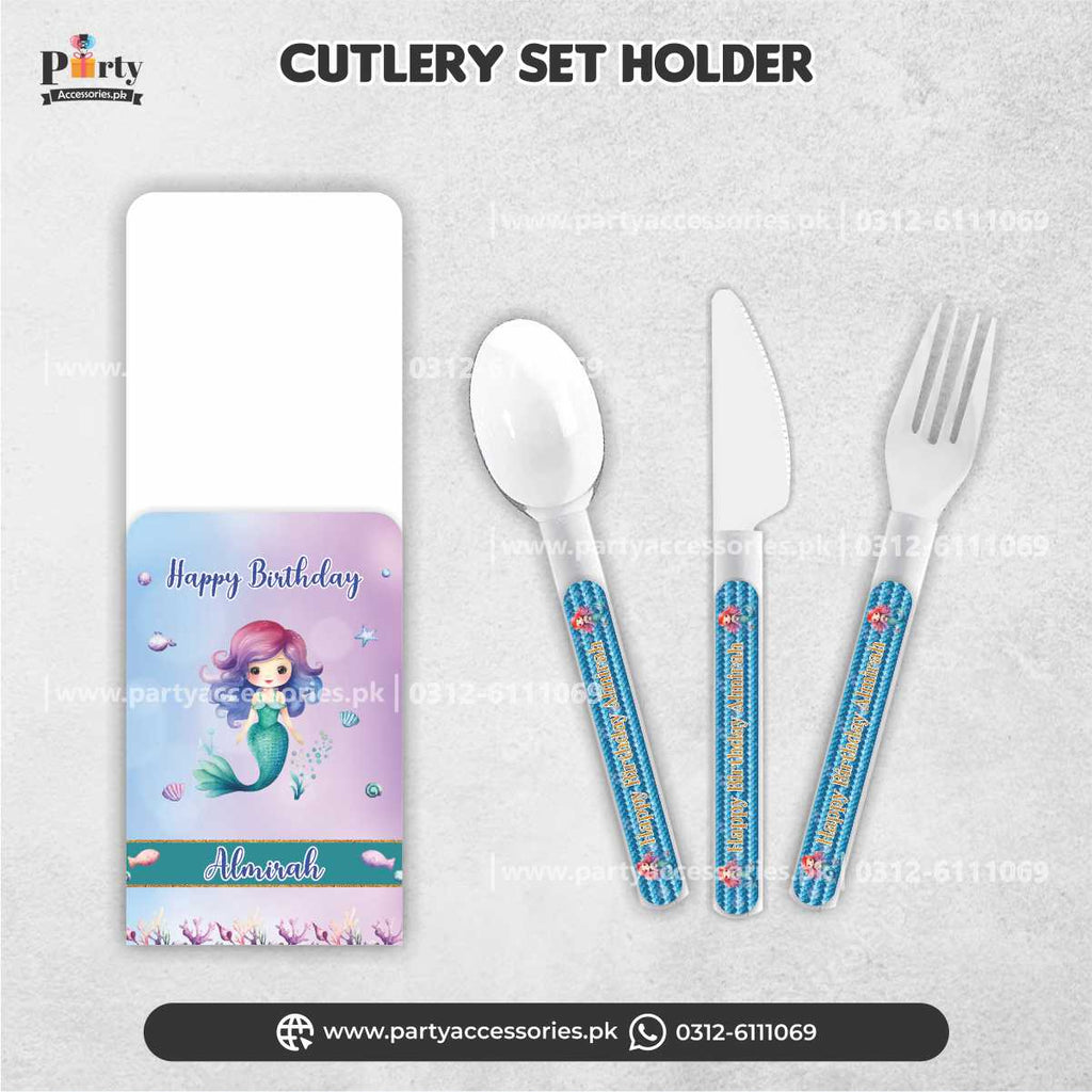 Mermaid Theme Disposable Cutlery with Customized Holders for Birthday Table Decoration (Pack of 6)
