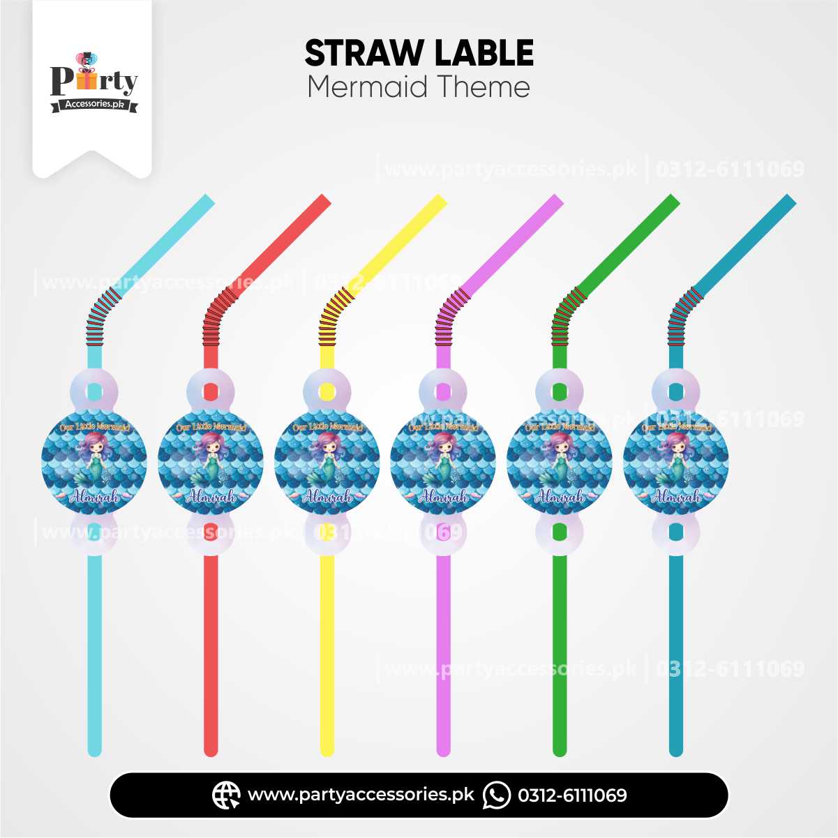 Mermaid Theme Straws with Custom Labels for Birthday Drink Accessories