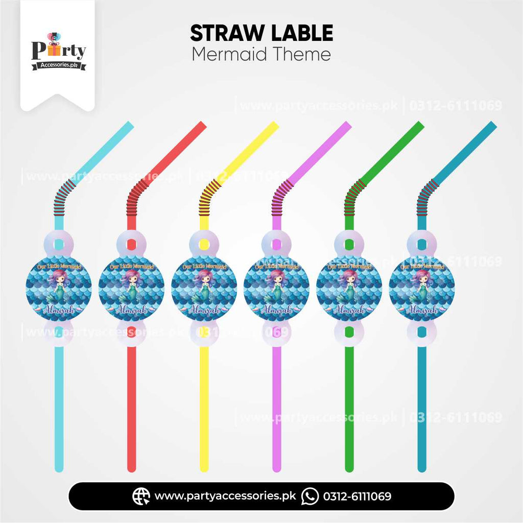 Mermaid Theme Straws with Custom Labels for Birthday Drink Accessories