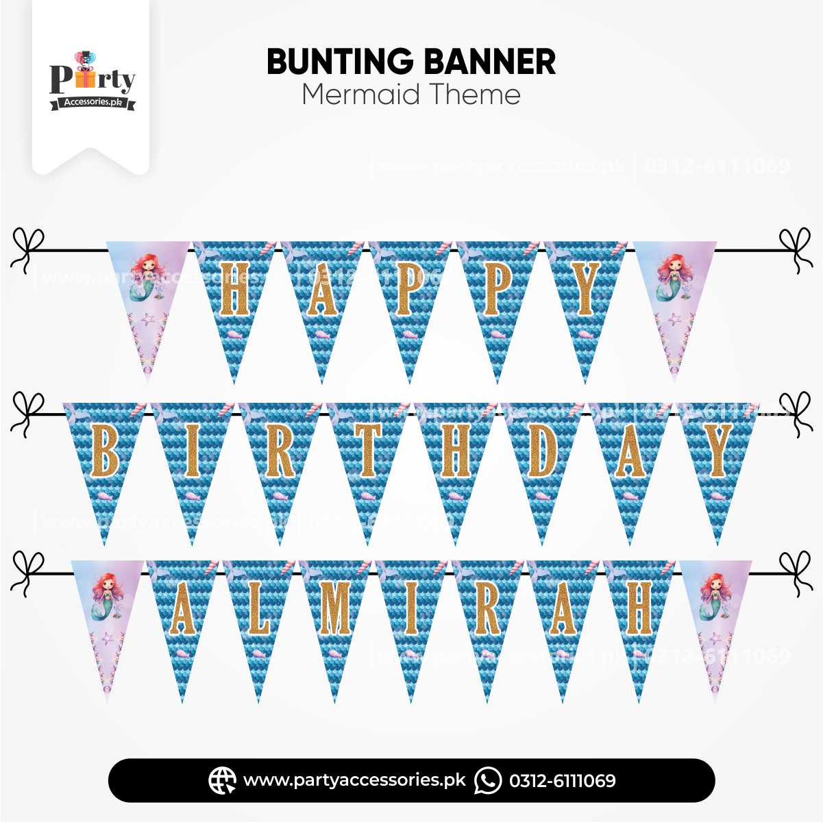 Mermaid Theme Customized V-Shaped Bunting Banner for Birthday Wall Decoration