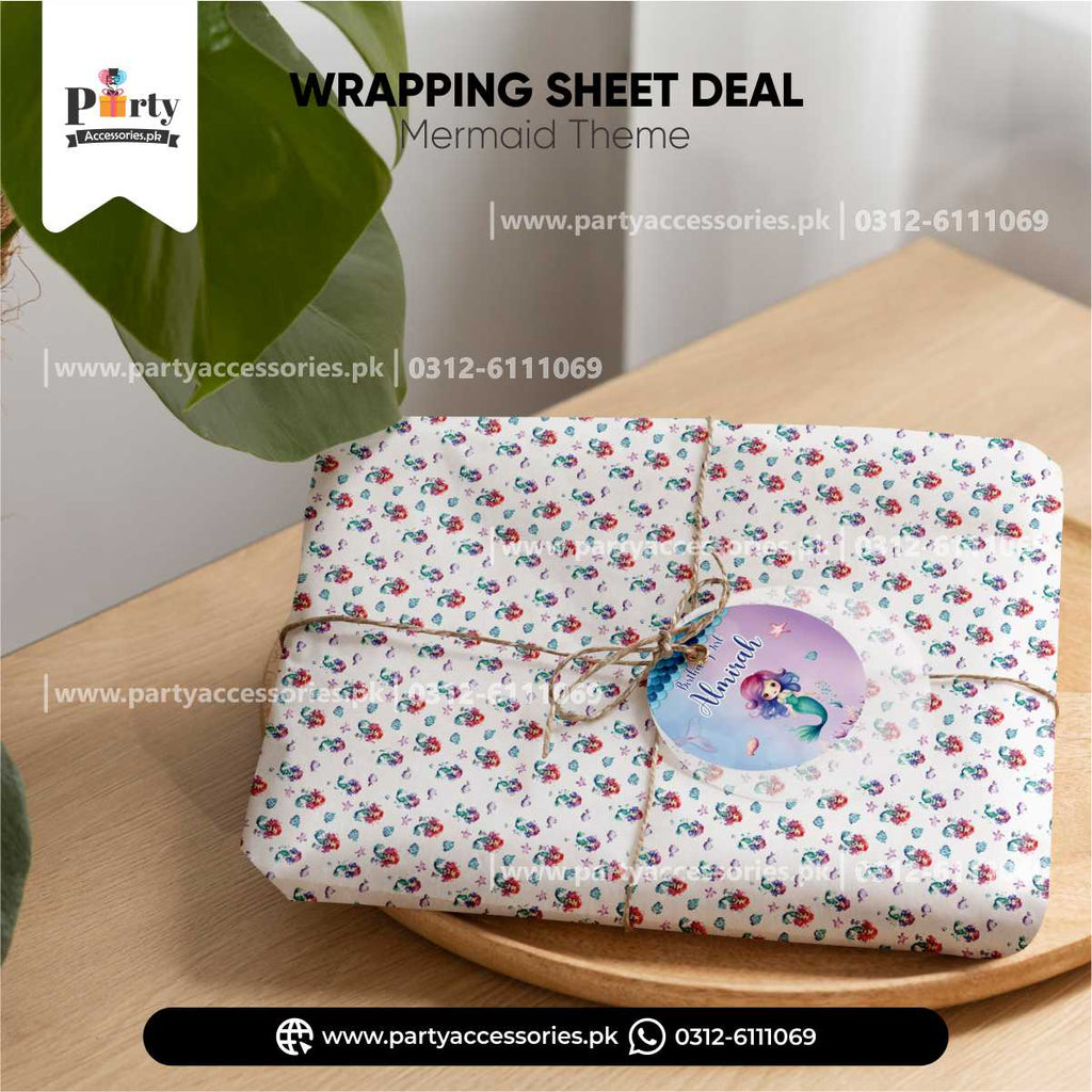 Mermaid Theme Gift Wrapping Sheets With a Tag and Jute Ribbon for Birthday Gifts