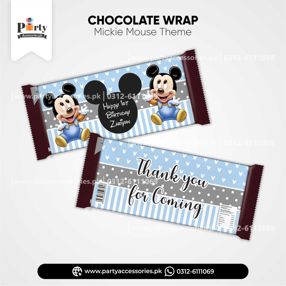 Mickey Mouse Theme Customized Chocolate Wraps (Pack of 6)
