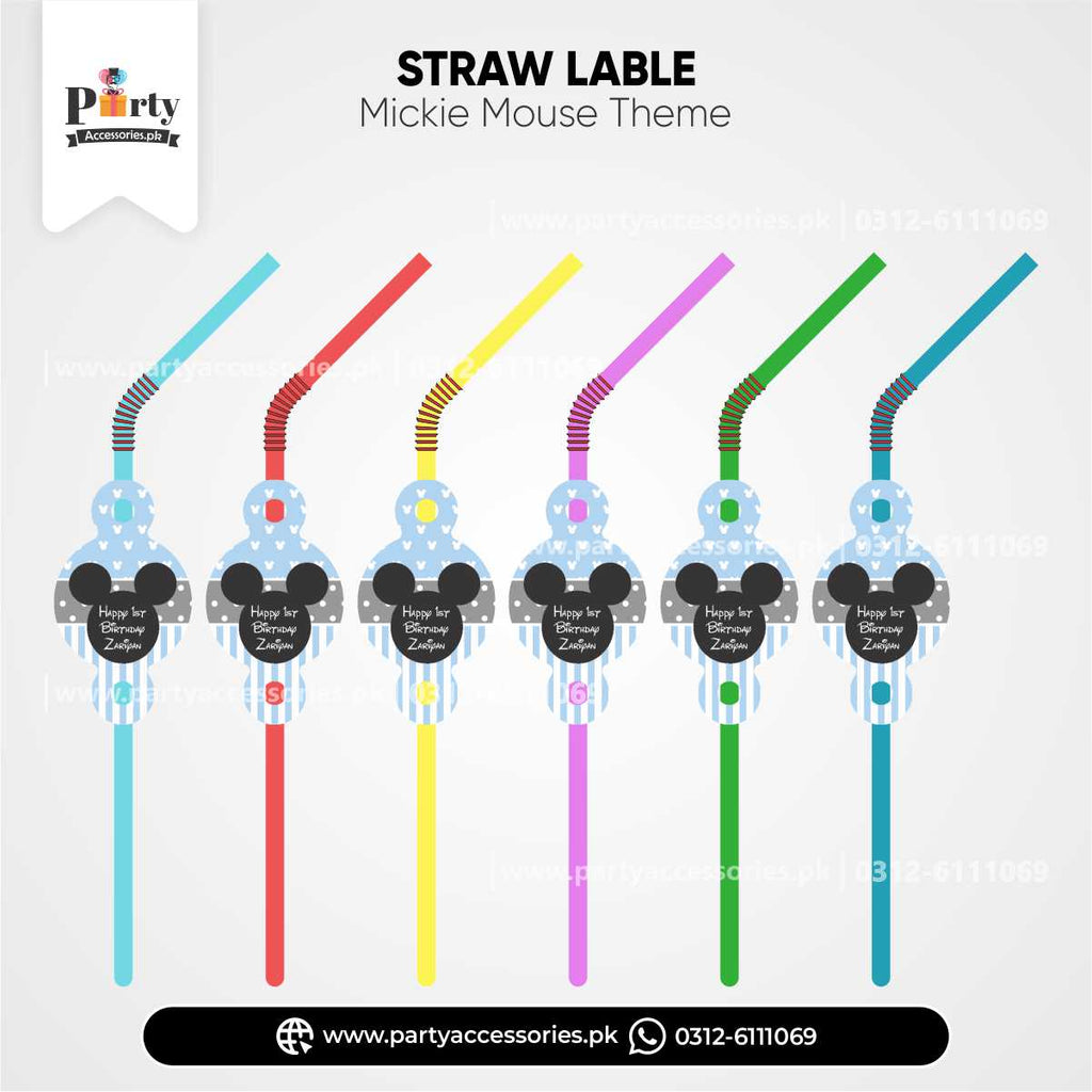 Mickey Mouse Theme Straws with Custom Labels for Birthday Drink Accessories
