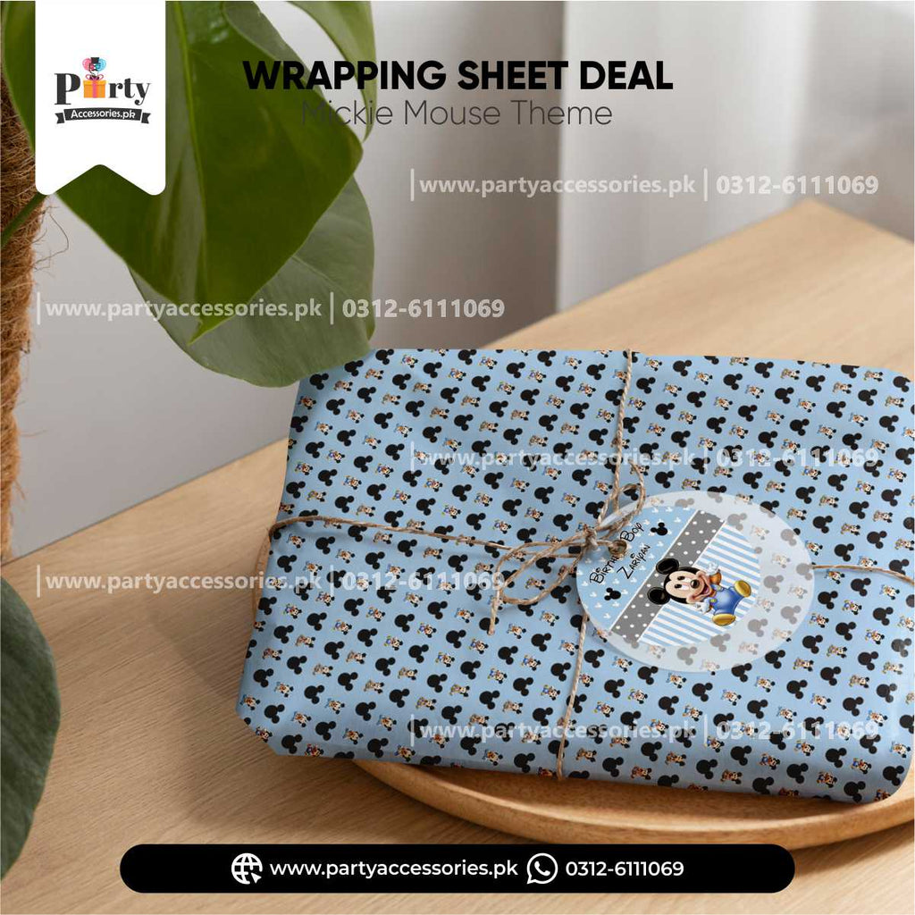 Mickey Mouse Theme Gift Wrapping Sheets With a Tag and Jute Ribbon for Birthday Gifts Decoration
