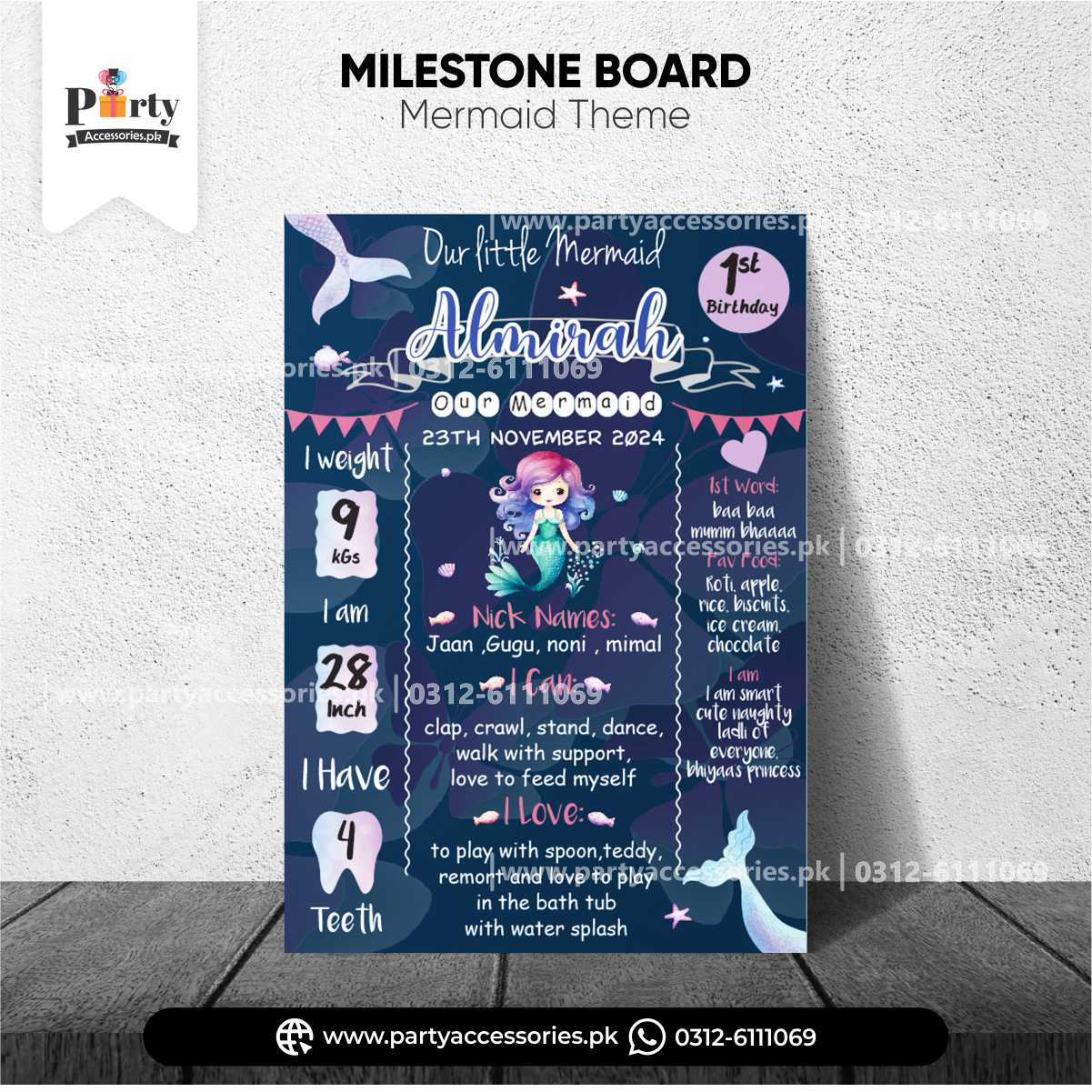 Mermaid Theme Customized Birthday Fact Board / Milestone Board for Wall Decoration
