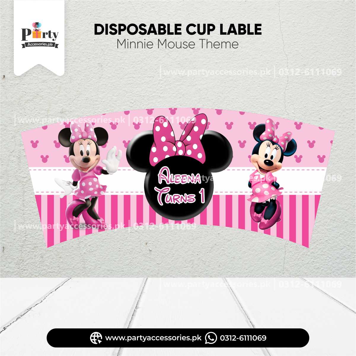 Minnie Mouse Theme Disposable Cups Labels for Birthday Cups Decoration 