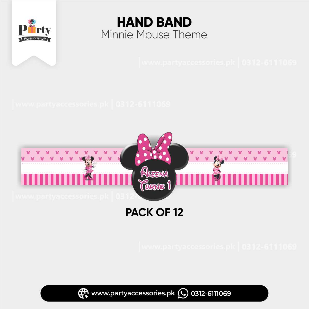 Minnie Mouse Theme Customized Hand / Wrist Band for Birthday Party Celebrations (Pack of 12)