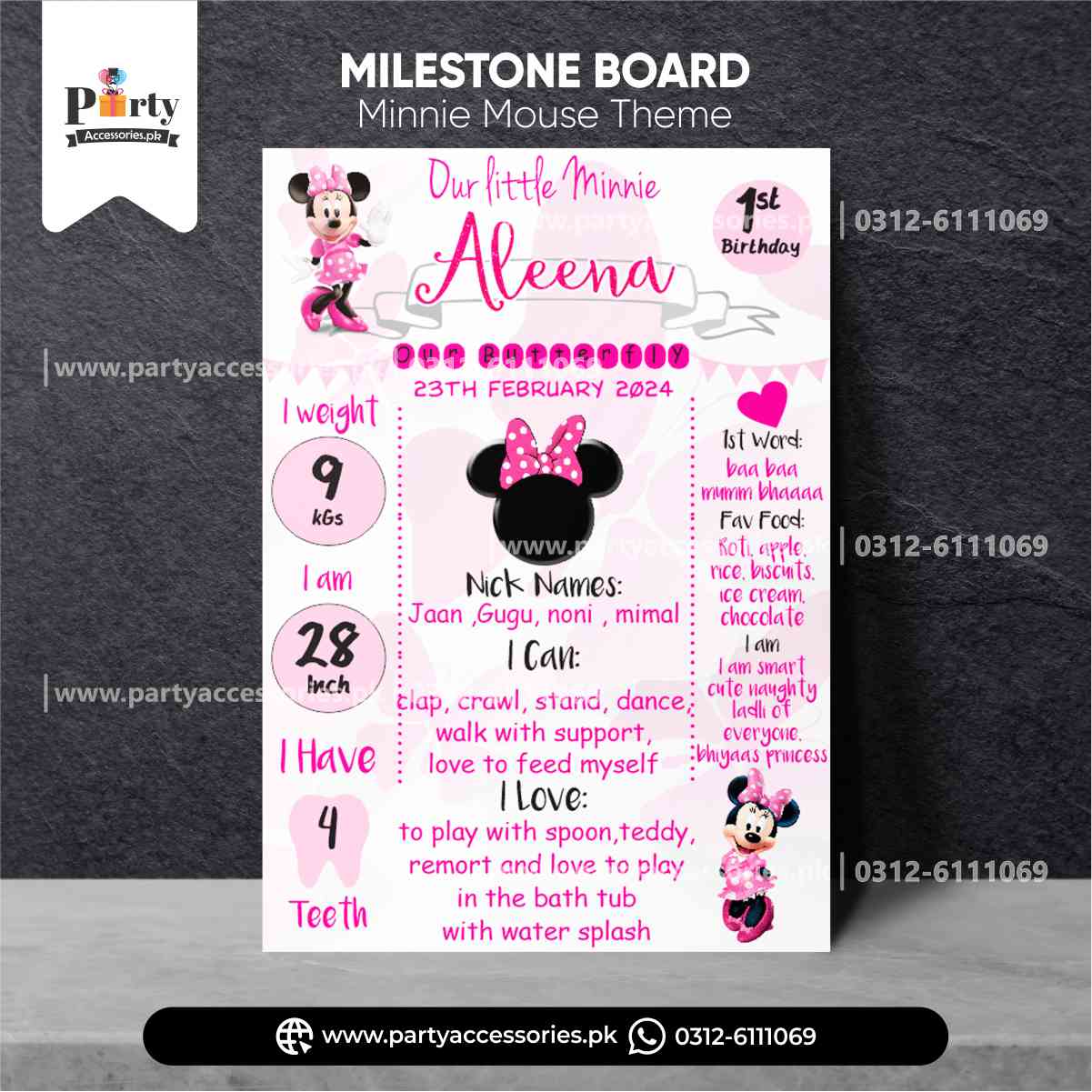 Minnie Mouse Theme Customized Birthday Fact Board / Milestone Board for Decoration