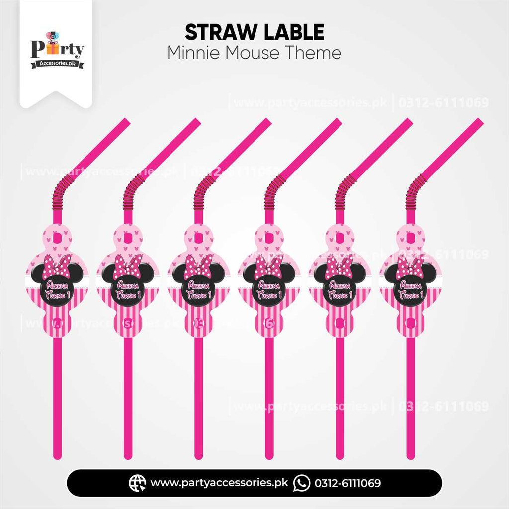 Minnie Mouse Theme Straws with Custom Labels for Birthday Drink Accessories 