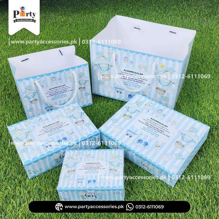 Baby Boy Announcement Sweet Boxes | It's a Boy Decoration | Customized Methai Boxes with Carry Bags | Pack of 6